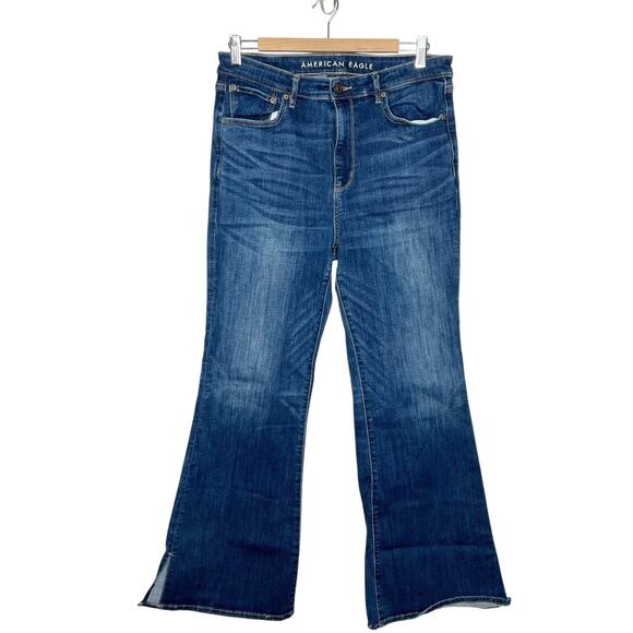 American Eagle Super Hi Rise Flare Jeans Womens Size 14 Slit Bell Bottoms High - Picture 1 of 9